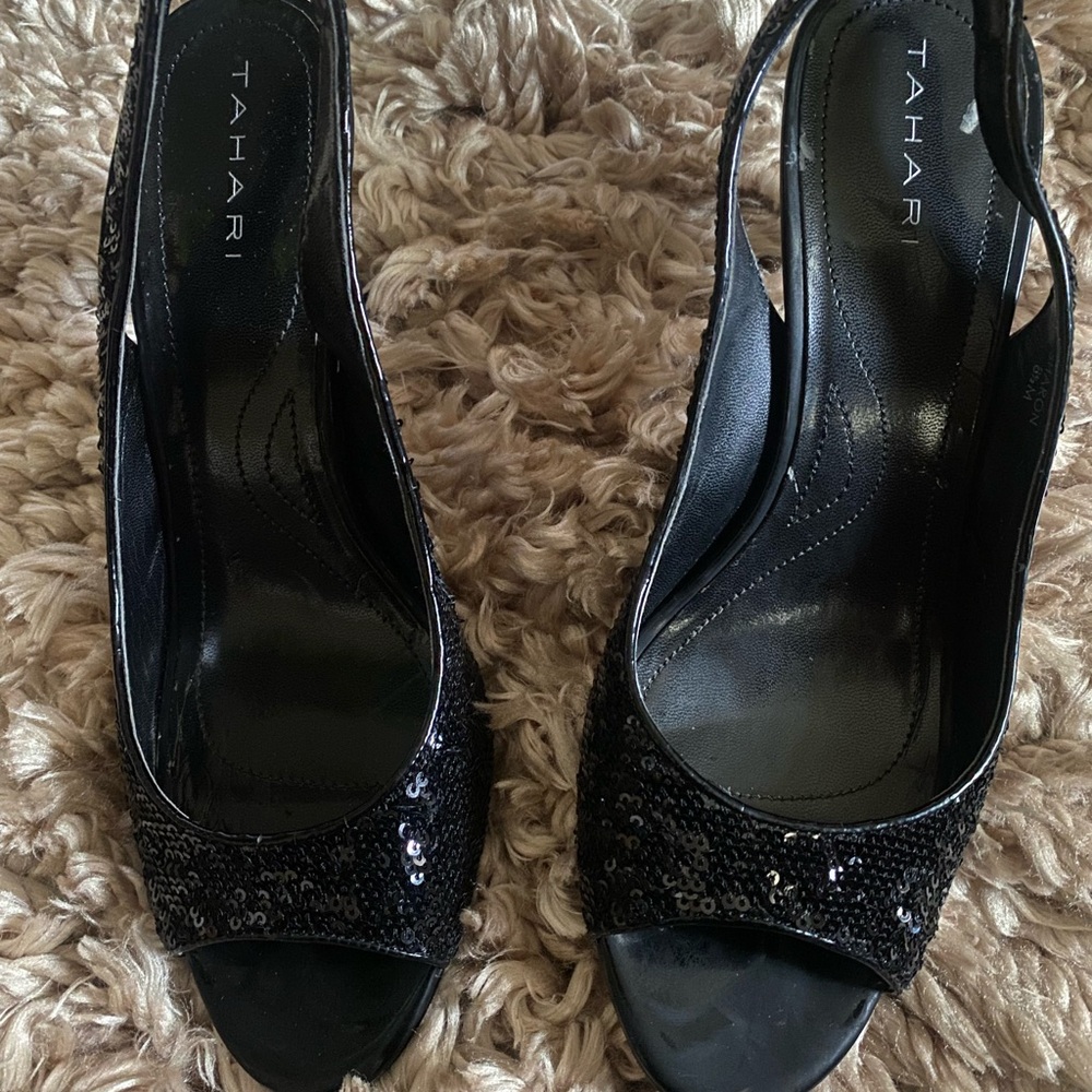 Tahari Elegant Black Sequin Slingback Heels